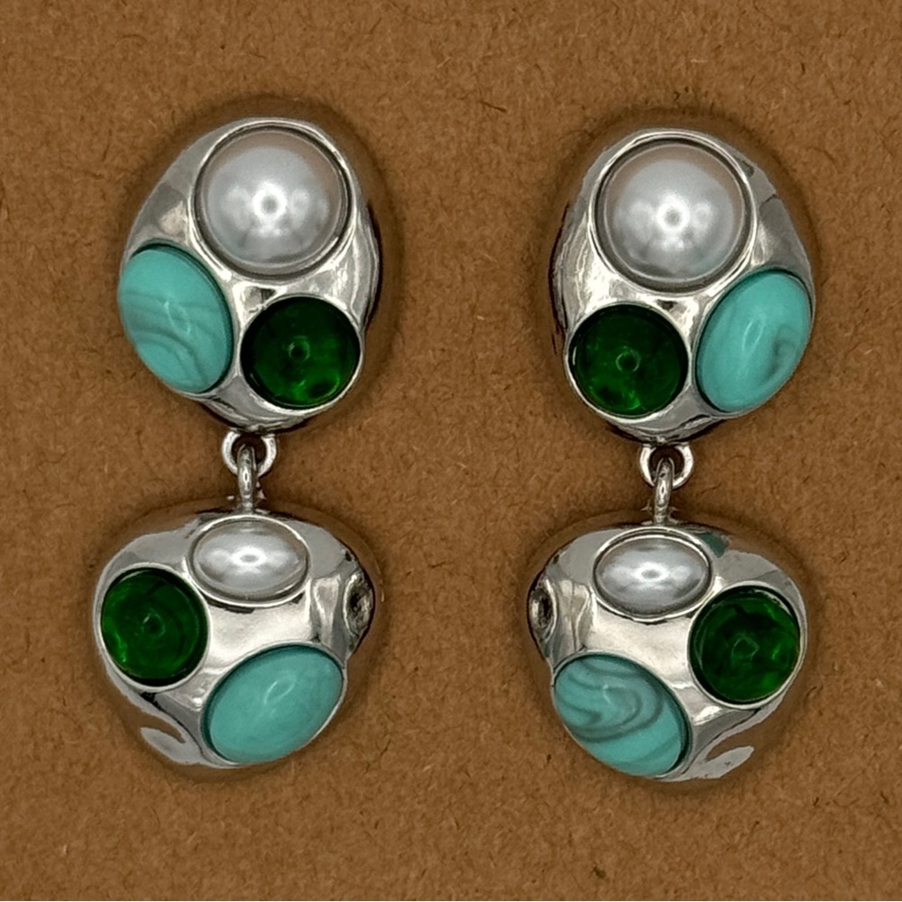 Emberly Silver Tone Dangle Earrings Simulated Turquoise Pearl Emerald Stones